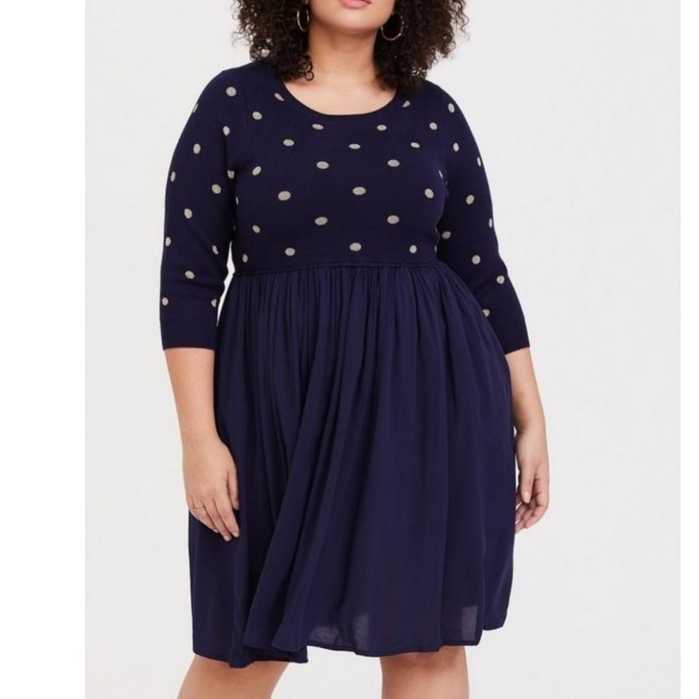 Torrid skater mini challis dress knit navy blue gold polka dot preppy size 12 💖